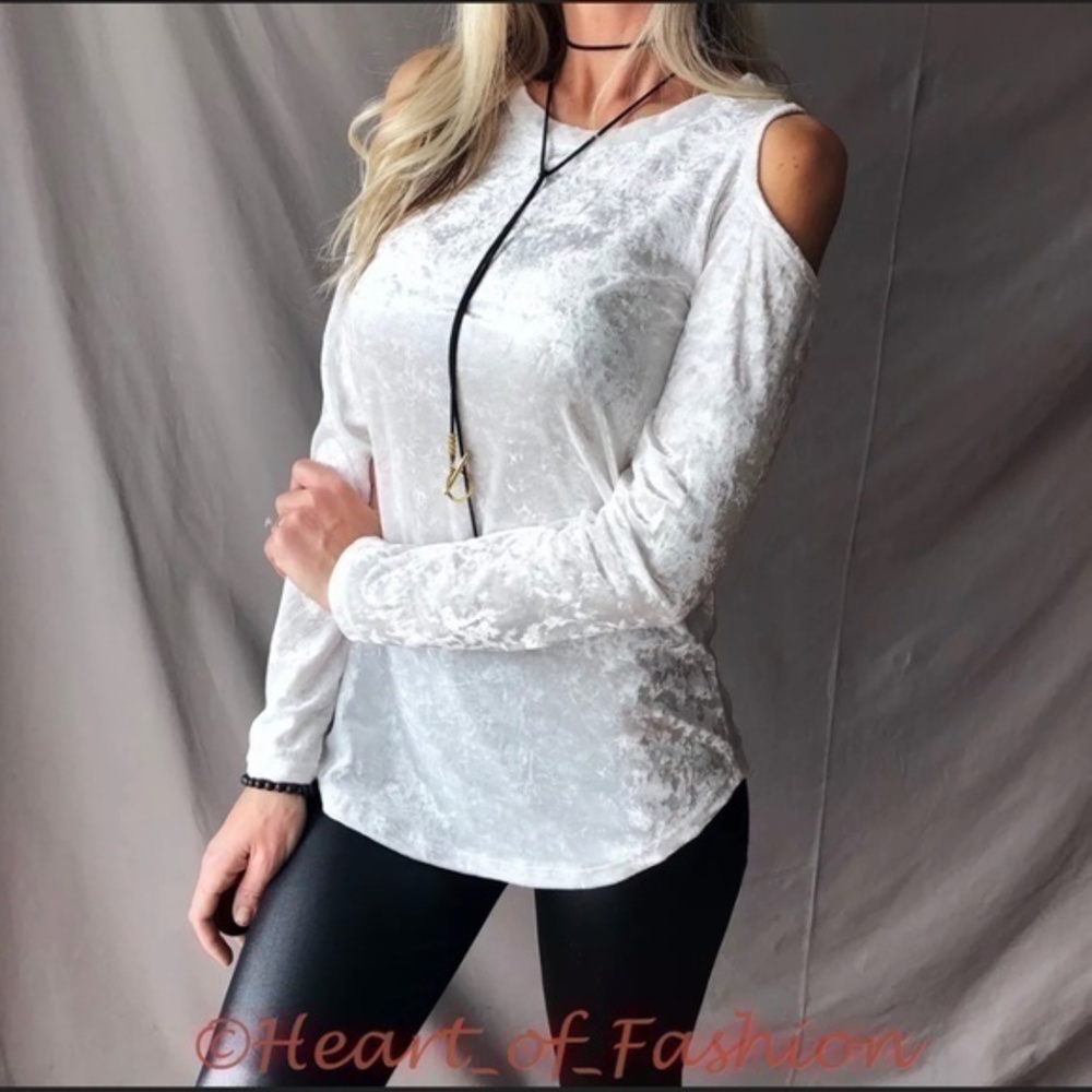 NEW Crush Velvet Cold Shoulder Top Blouse Ivory